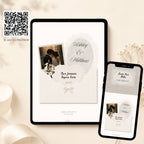 Ivory lace save the date wedding website shown on tablet and phone with QR code preview for guests.