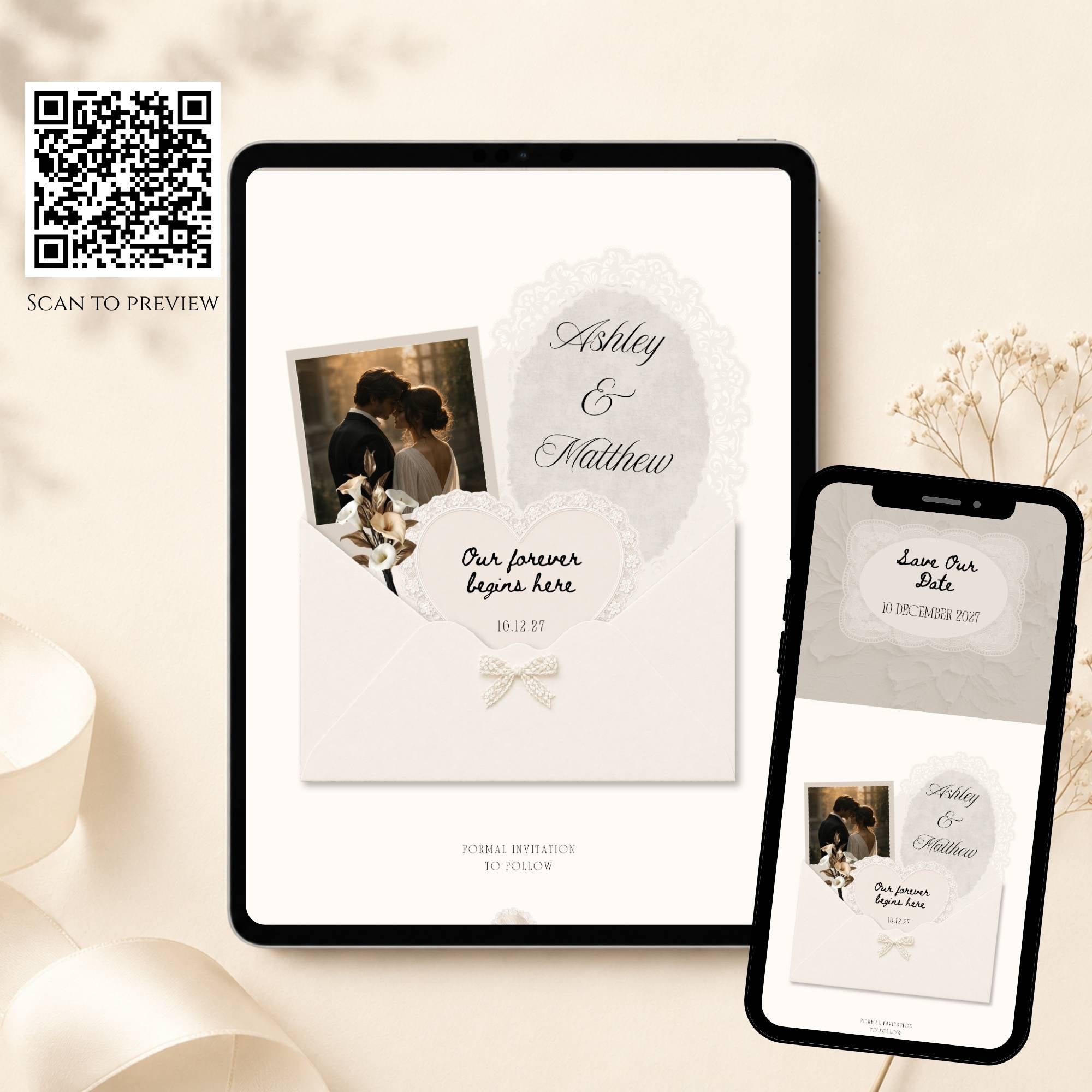 Ivory lace save the date wedding website shown on tablet and phone with QR code preview for guests.