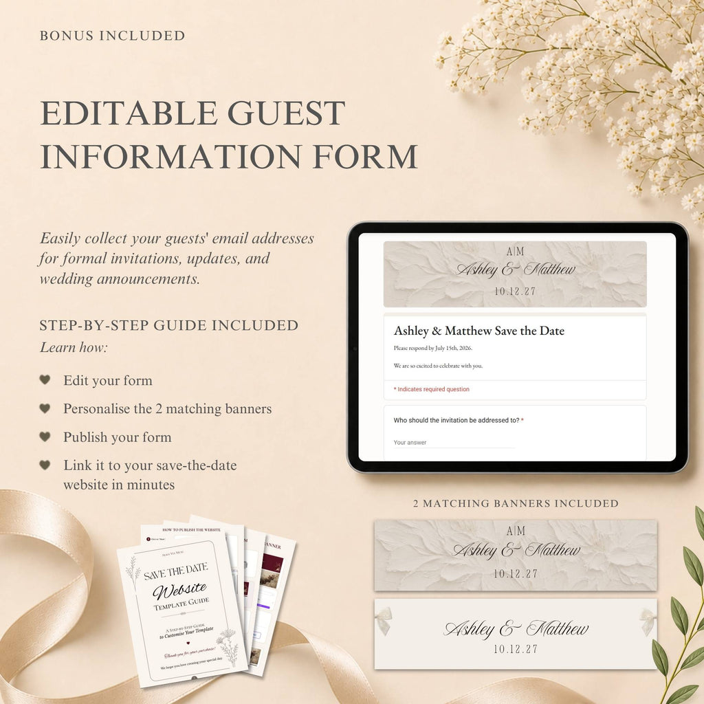 Editable guest information form included with matching banners for the lace save the date wedding website.