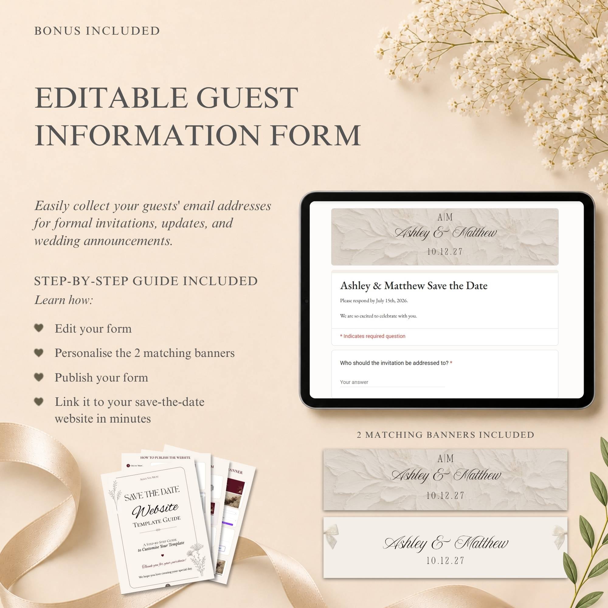 Editable guest information form included with matching banners for the lace save the date wedding website.