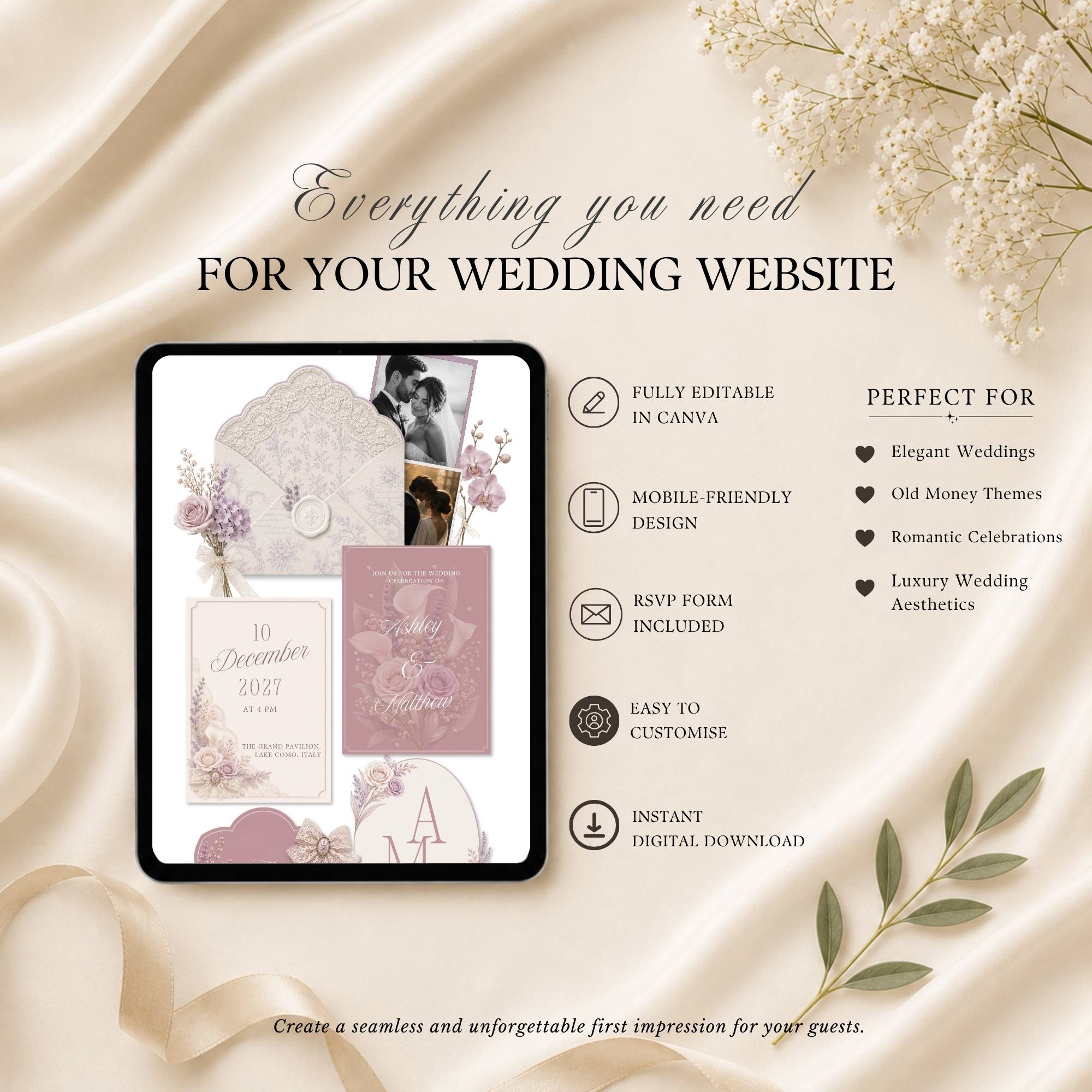 Four page lace wedding website template featuring RSVP page love story page and wedding details page