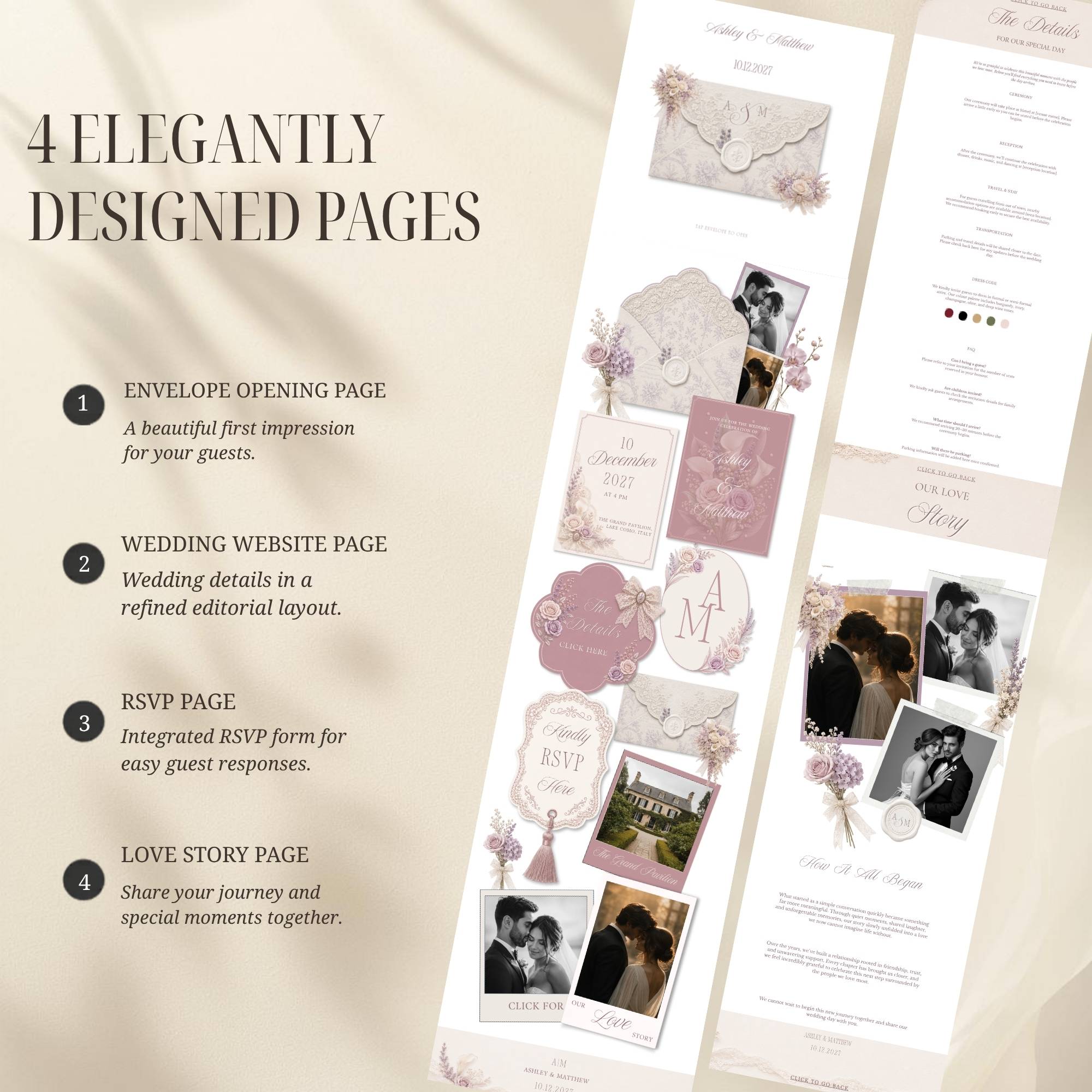 Interactive envelope opening page for lace wedding website template
