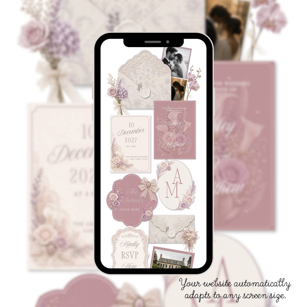 Lace Canva wedding website homepage with floral details and wedding information