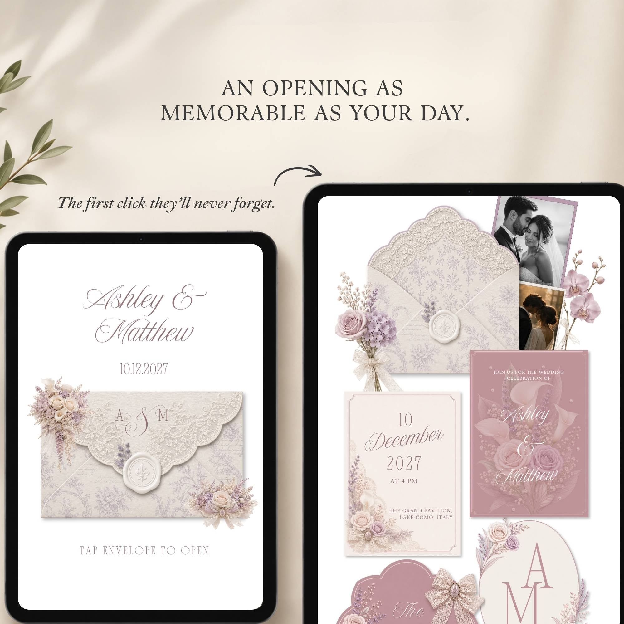 Love story page for lace wedding website template editable in Canva