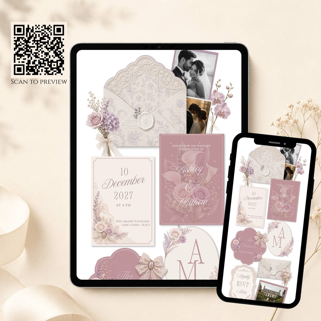 Mobile wedding website template with romantic lace and blush floral design