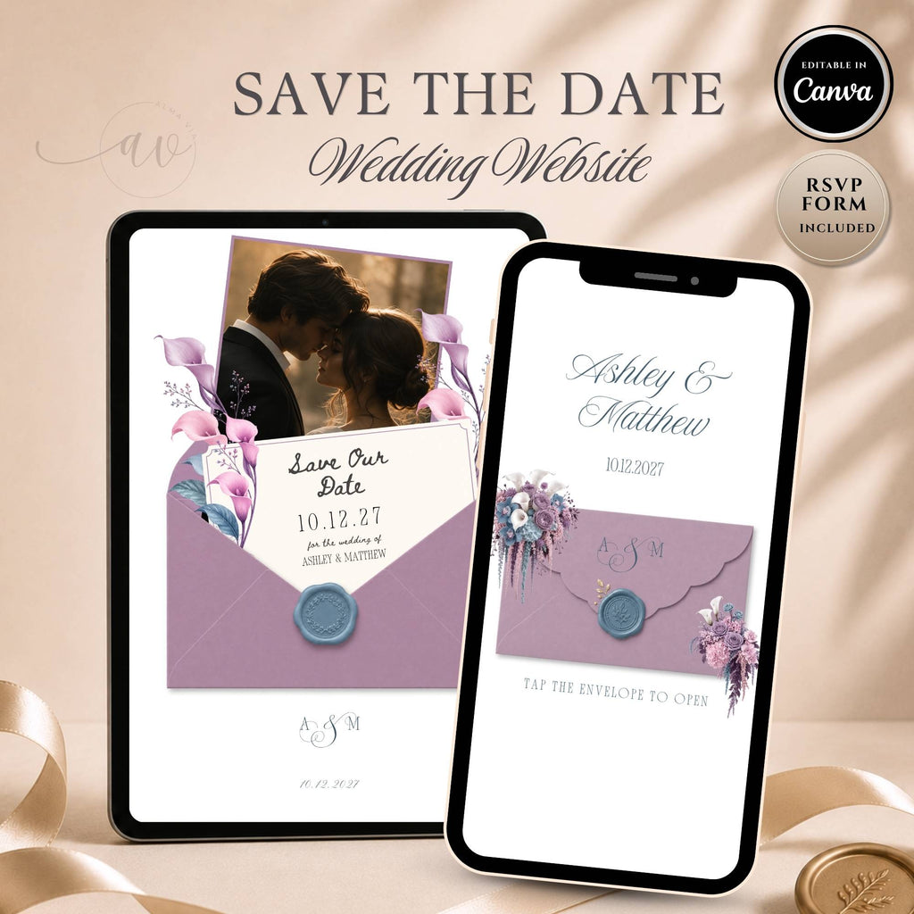 Lavender save the date website template featuring an elegant wedding website with RSVP.