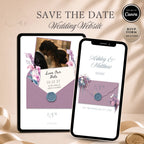Lavender save the date website template featuring an elegant wedding website with RSVP.