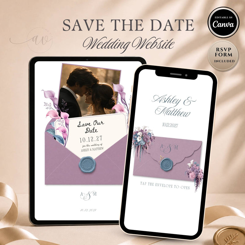 Lavender save the date website template featuring an elegant wedding website with RSVP.