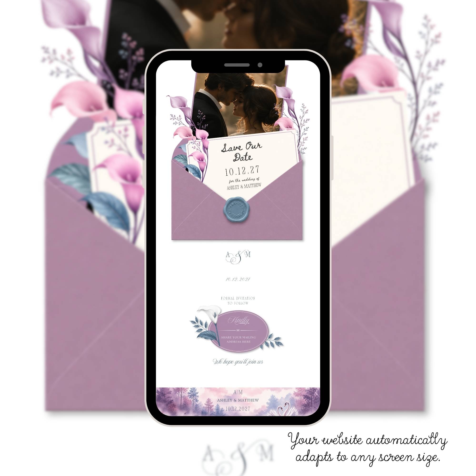 Mobile-friendly lavender wedding website with simple navigation and RSVP access.