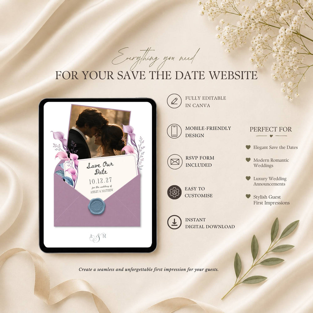 Wedding website template featuring event details, RSVP form, photo gallery, and save the date pages.