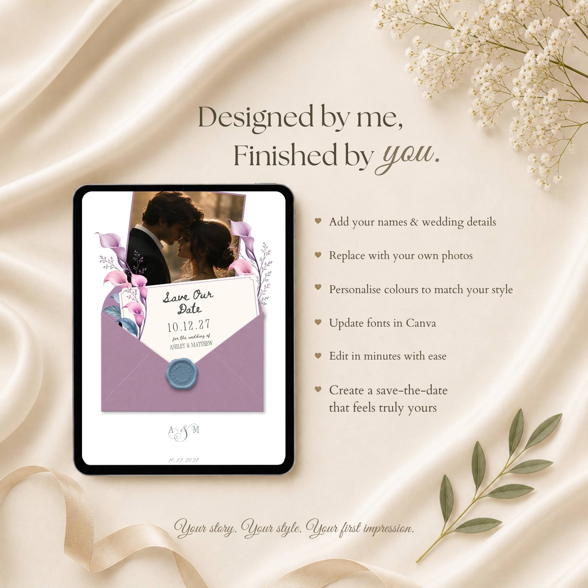 Editable Canva wedding website template with customizable colors, fonts, text, and photos.