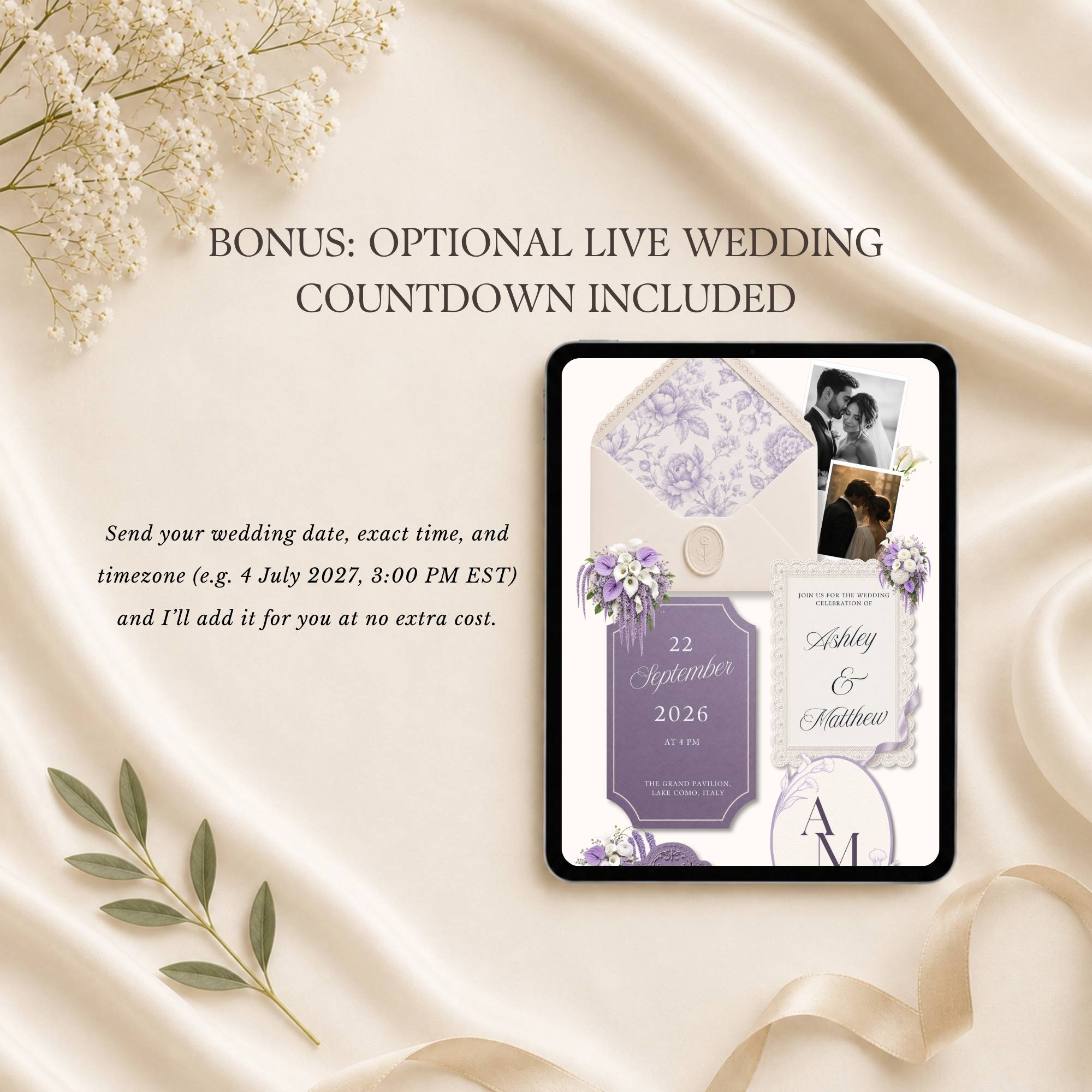 Wedding website template with optional live countdown feature and editable Canva website design