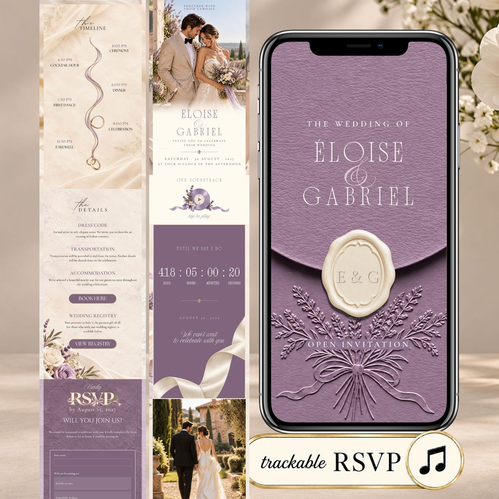 Lavender wedding website invitation template featuring romantic floral details, elegant wax seal opening, RSVP form, music and live countdown.