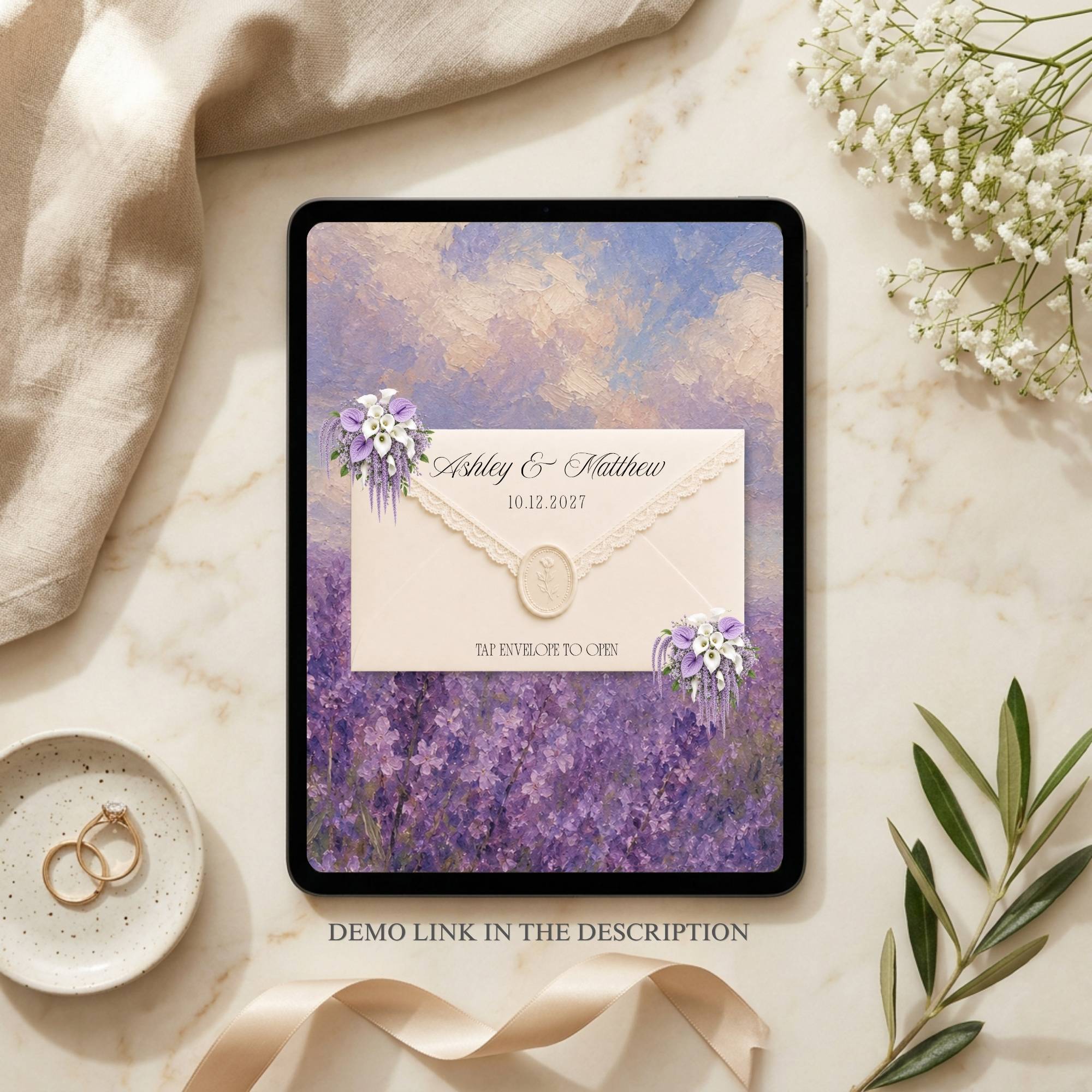 Lavender floral wedding website template with live demo preview available before purchase