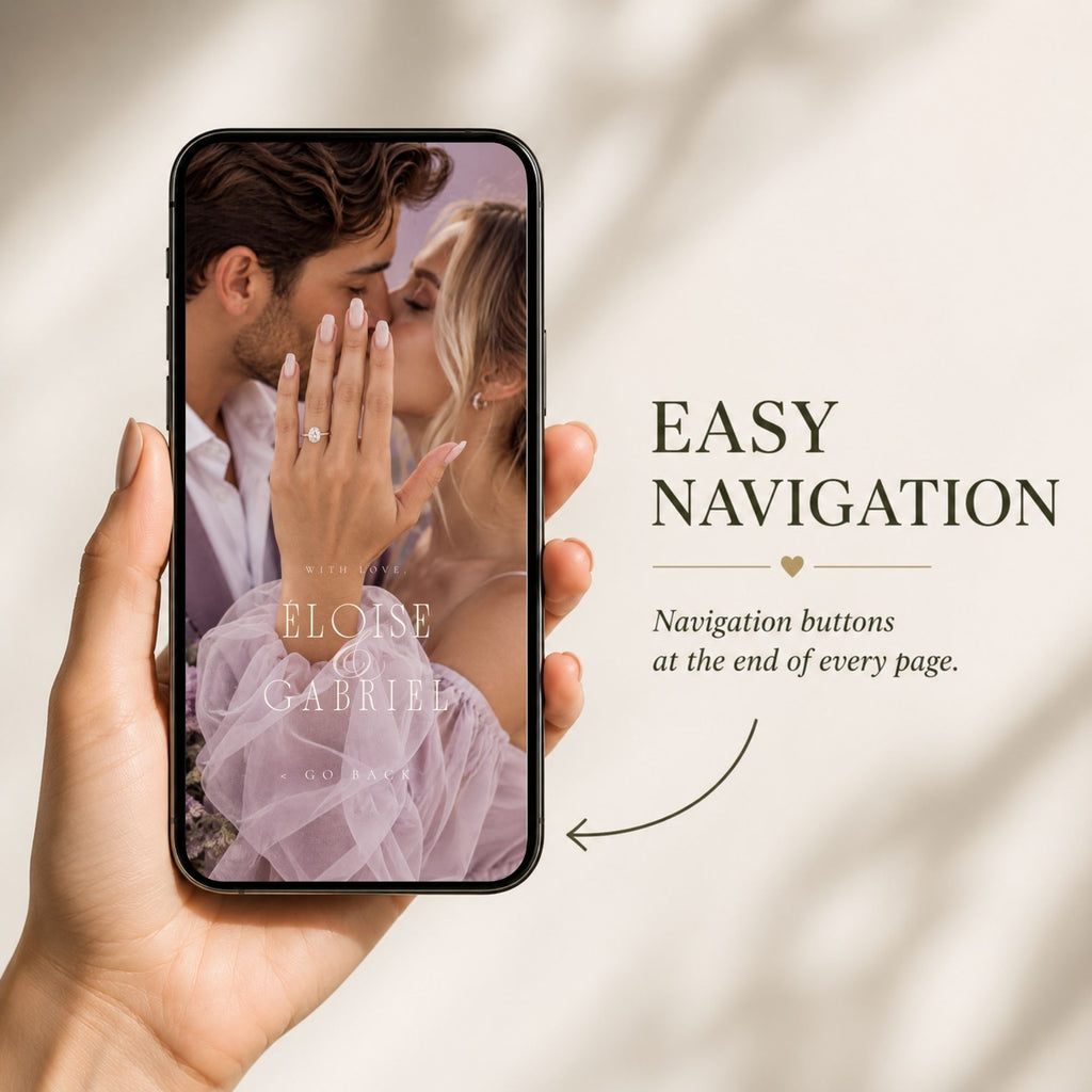 Mobile-friendly lavender wedding website featuring romantic couple photography and easy navigation buttons for a seamless guest experience.
