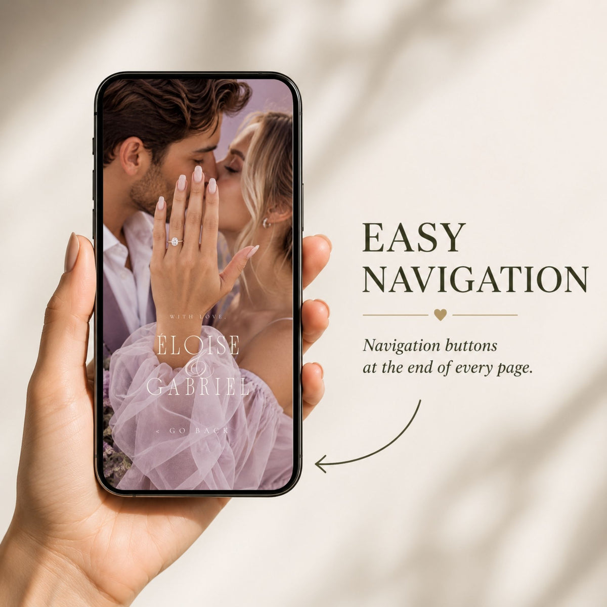 Mobile-friendly lavender wedding website featuring romantic couple photography and easy navigation buttons for a seamless guest experience.