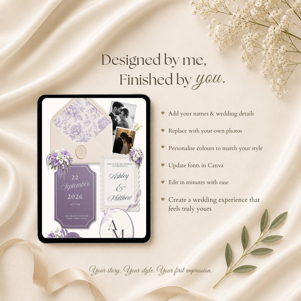 Fully editable Canva wedding website template allowing customization of photos, fonts, colors and details