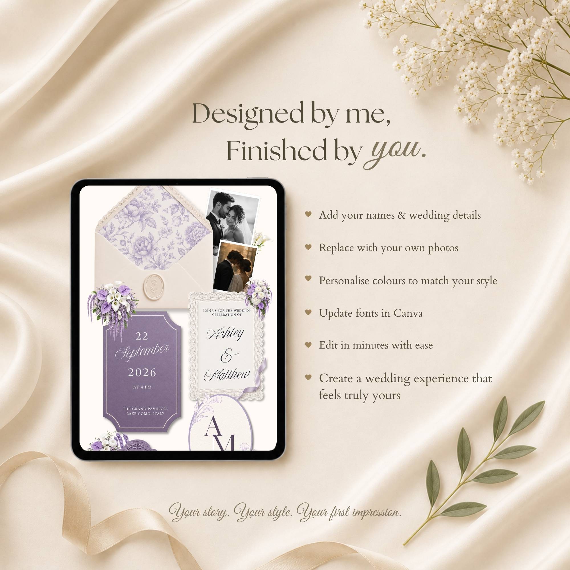 Fully editable Canva wedding website template allowing customization of photos, fonts, colors and details