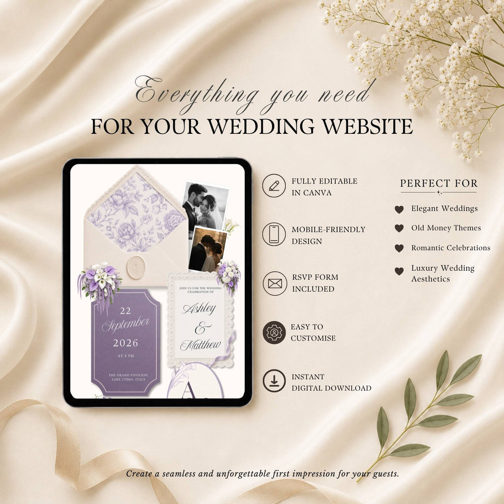 Editable wedding website template featuring Canva editing, RSVP form, mobile-friendly design and instant download
