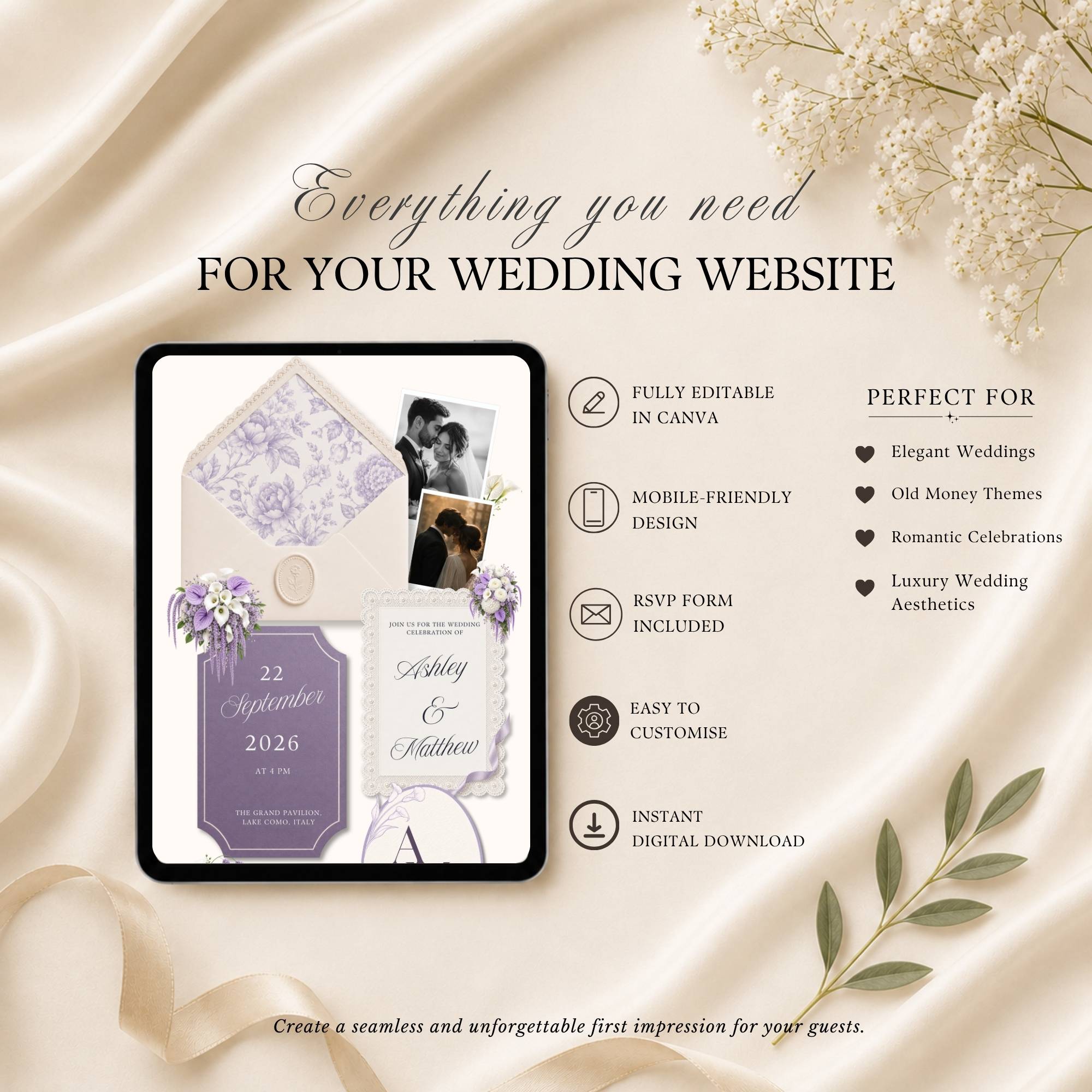 Editable wedding website template featuring Canva editing, RSVP form, mobile-friendly design and instant download