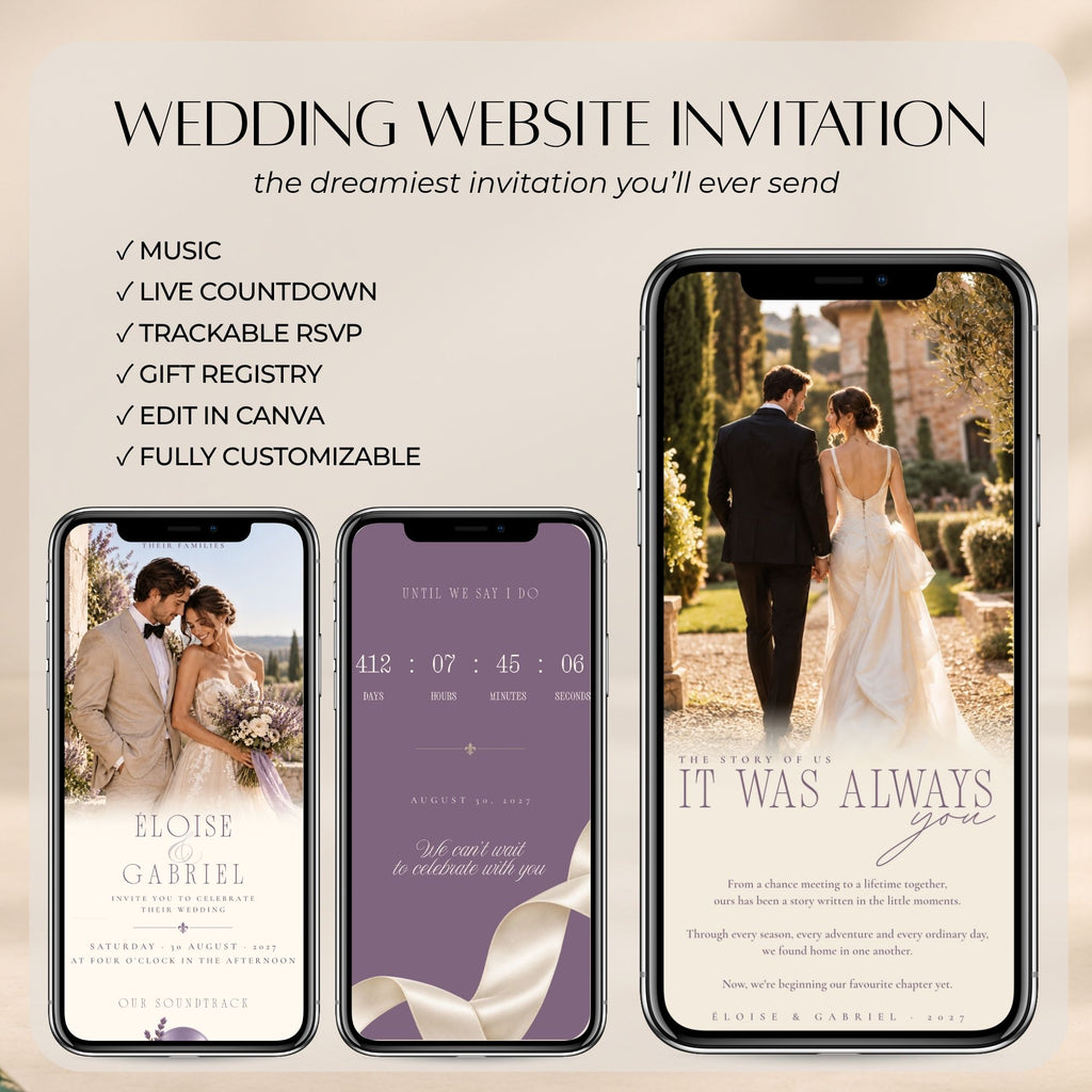 Lavender wedding website invitation featuring live countdown, background music, RSVP form, wedding programme and customisable event details.