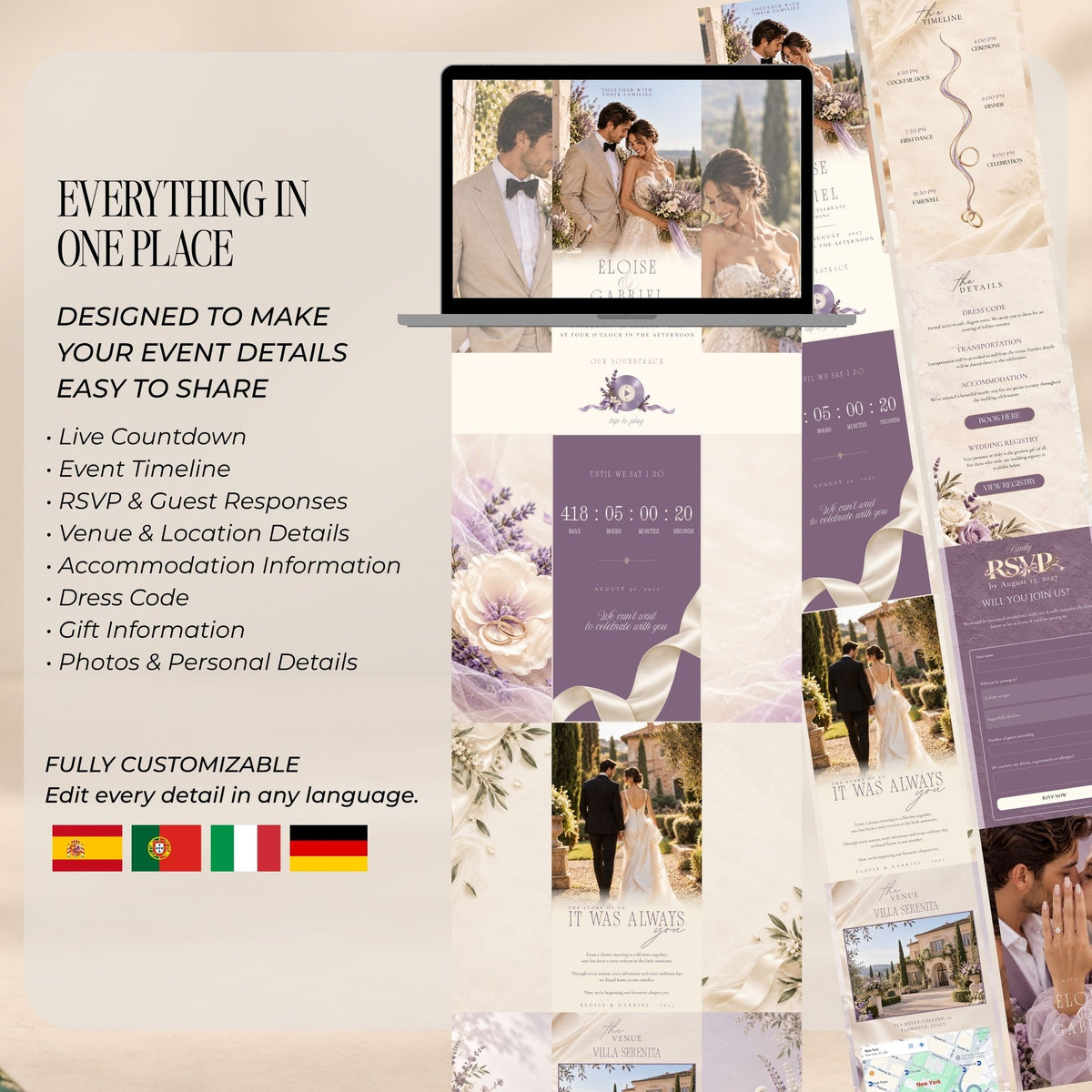 Overview of the lavender wedding website template featuring invitation, countdown, wedding programme, venue details, RSVP and romantic photo sections.