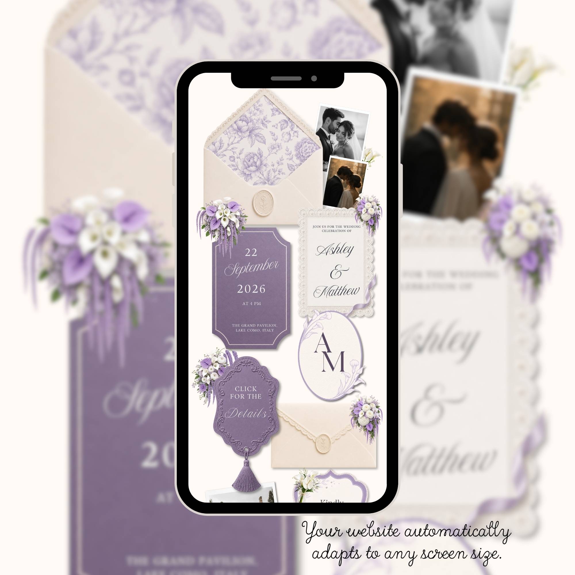Mobile-friendly wedding website template automatically adapting to phones, tablets and desktop screens