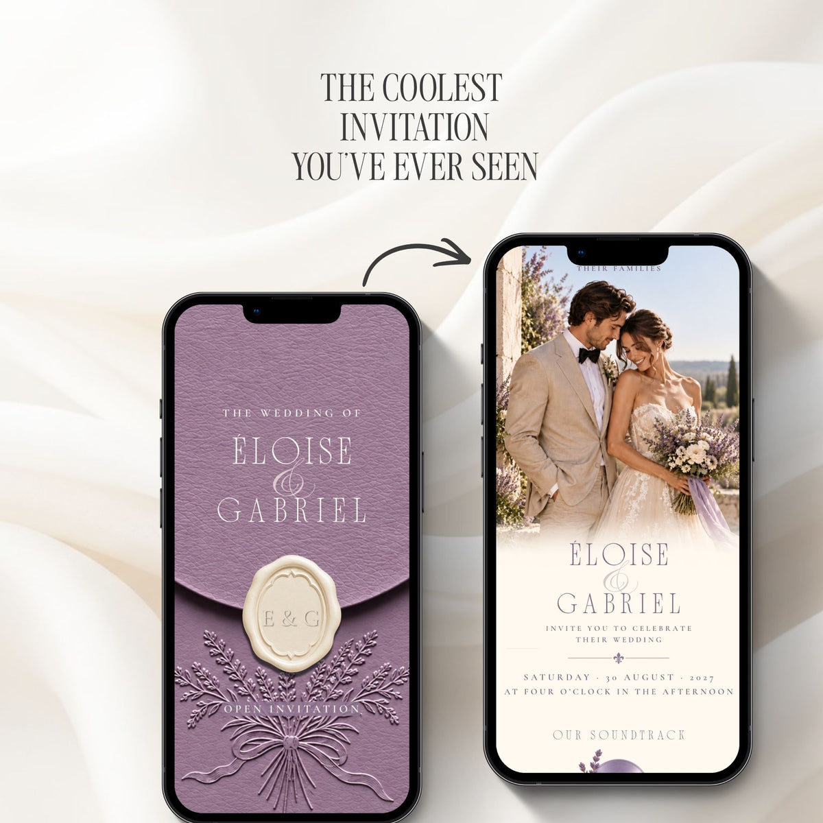 Interactive lavender wedding website opening featuring an elegant purple wax seal envelope and romantic wedding photography.
