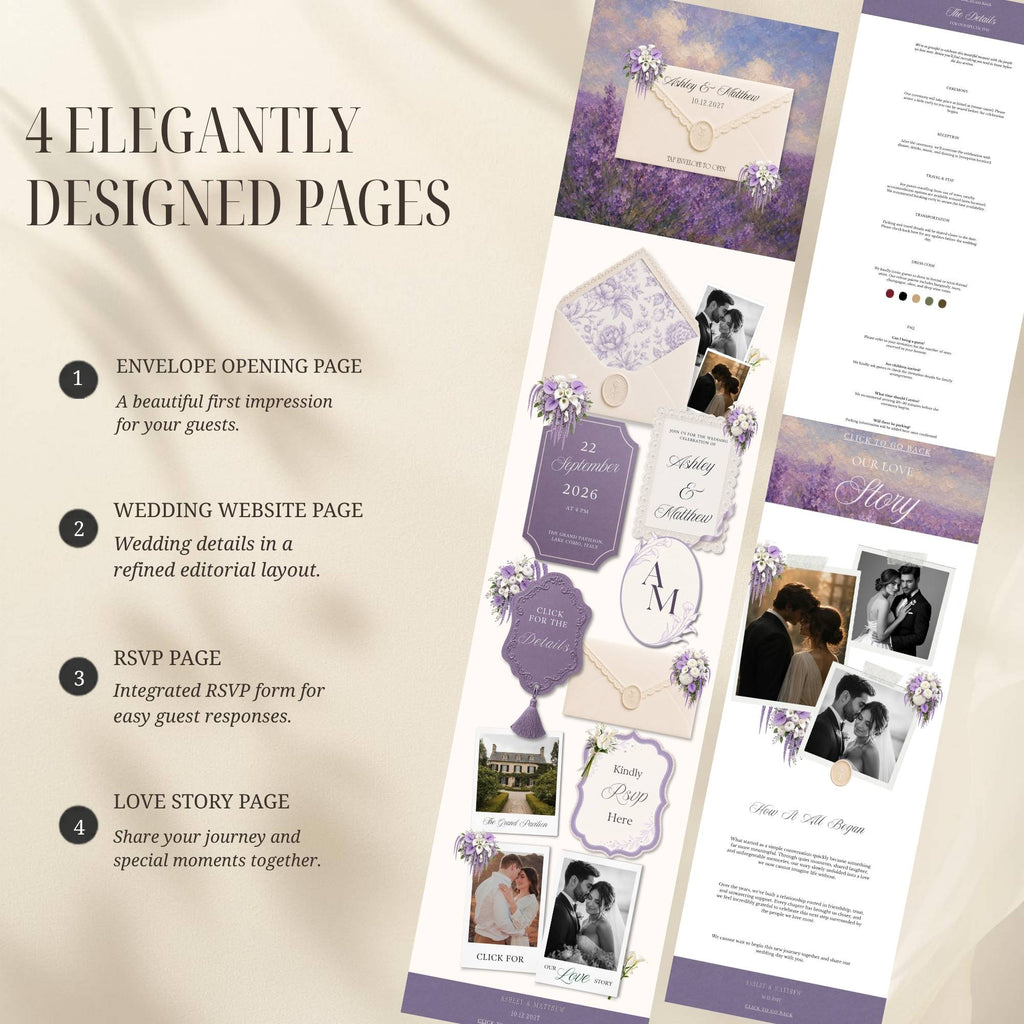 Four page wedding website template including envelope opening page, homepage, RSVP page and love story page