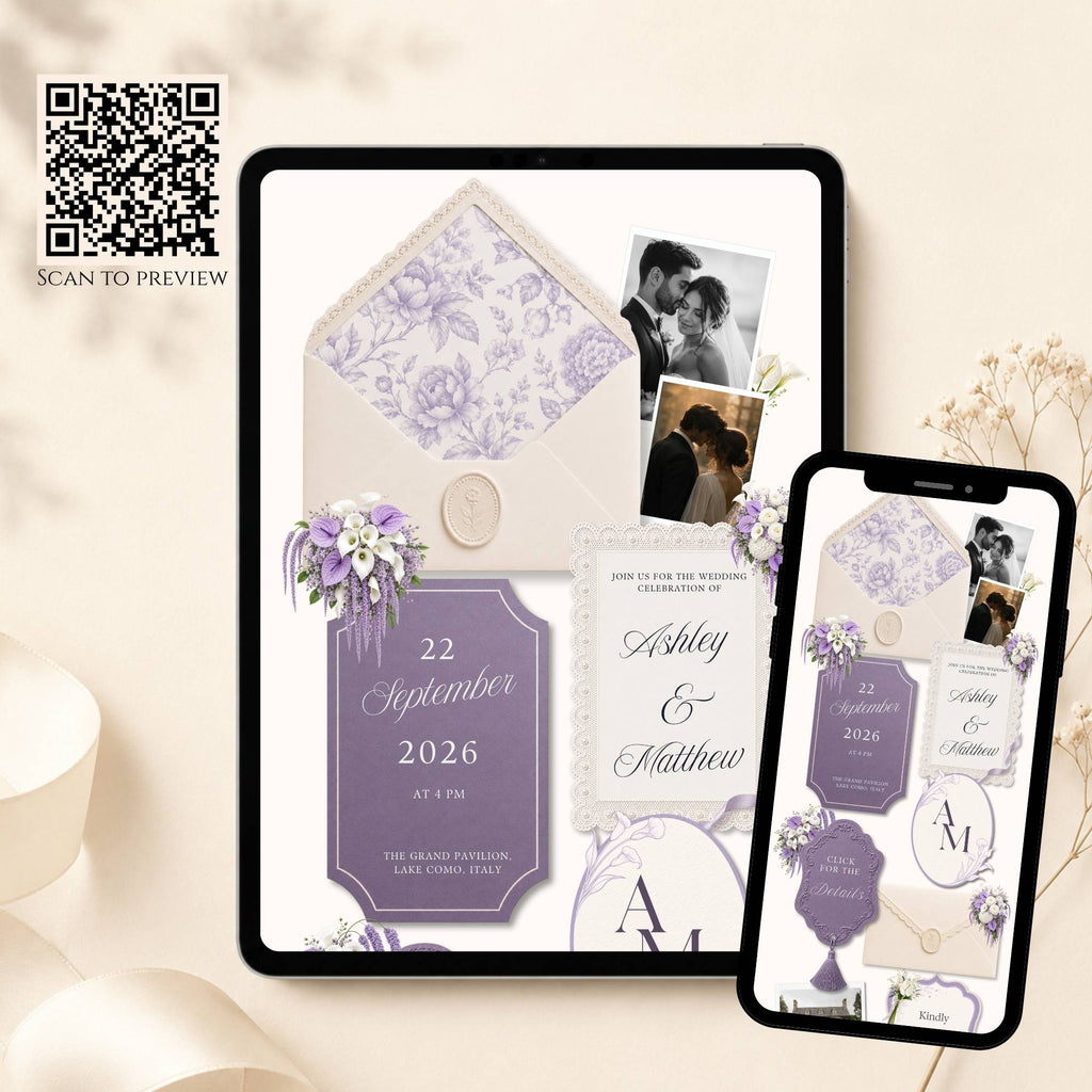 Wedding website template preview displayed on tablet and mobile devices with QR code demonstration