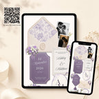 Wedding website template preview displayed on tablet and mobile devices with QR code demonstration