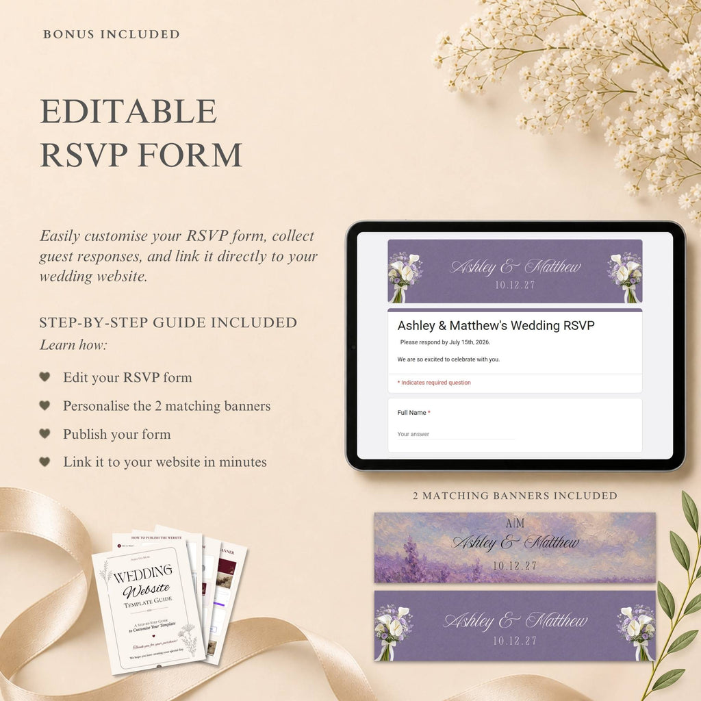 Editable RSVP form template included with wedding website for collecting guest responses online