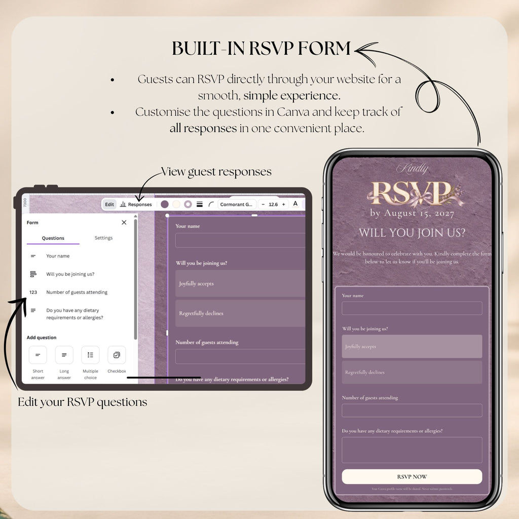 Lavender wedding RSVP website with integrated Google Forms for collecting guest responses and managing wedding attendance online.