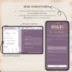 Lavender wedding RSVP website with integrated Google Forms for collecting guest responses and managing wedding attendance online.