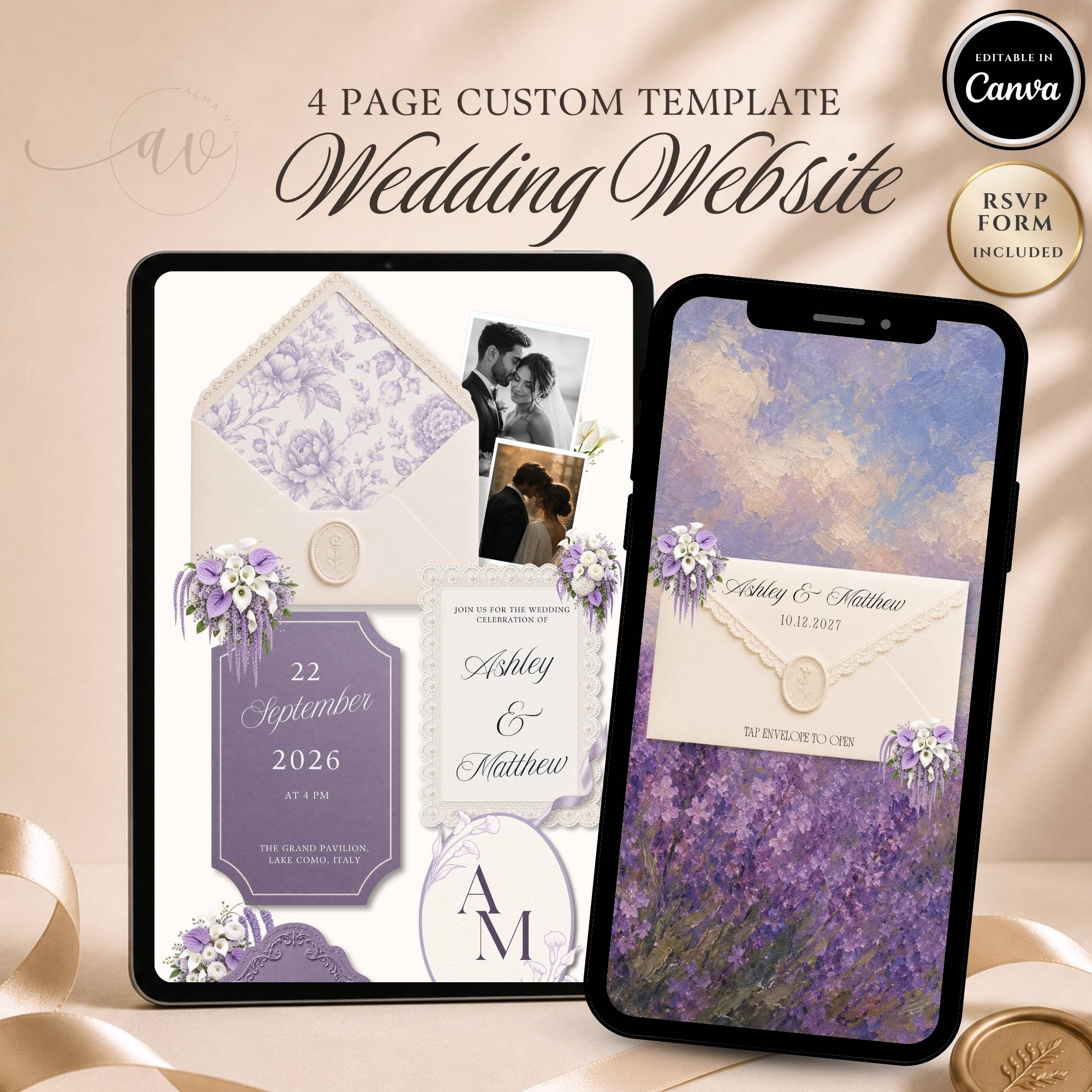 Lavender wedding website template with editable Canva design, RSVP page, love story page and envelope opening homepage