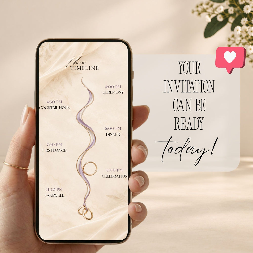 Elegant lavender wedding website programme displayed on a mobile phone with a romantic timeline of wedding day events.