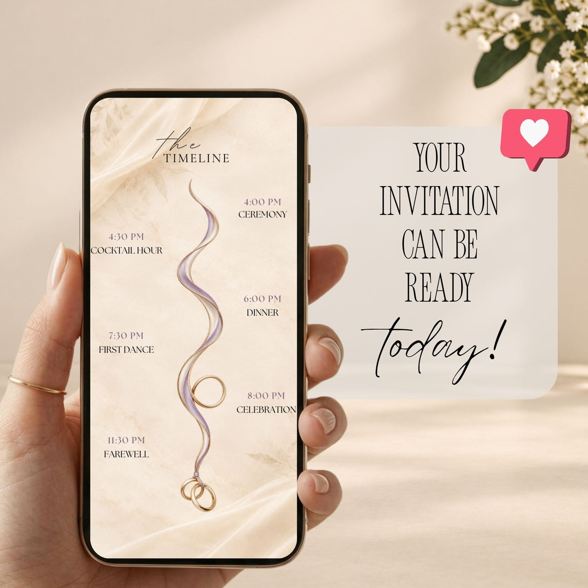 Elegant lavender wedding website programme displayed on a mobile phone with a romantic timeline of wedding day events.