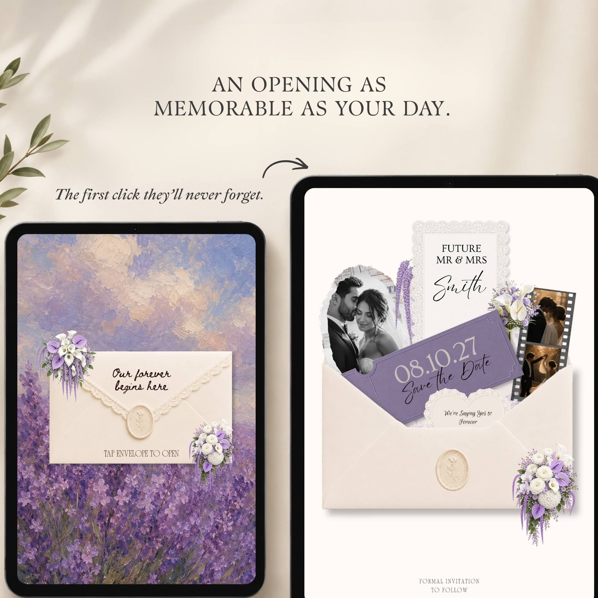 Purple floral Save The Date Wedding Website template with RSVP form