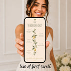 Lemon wedding day programme displayed on a phone with botanical illustrations and editable wedding schedule details.