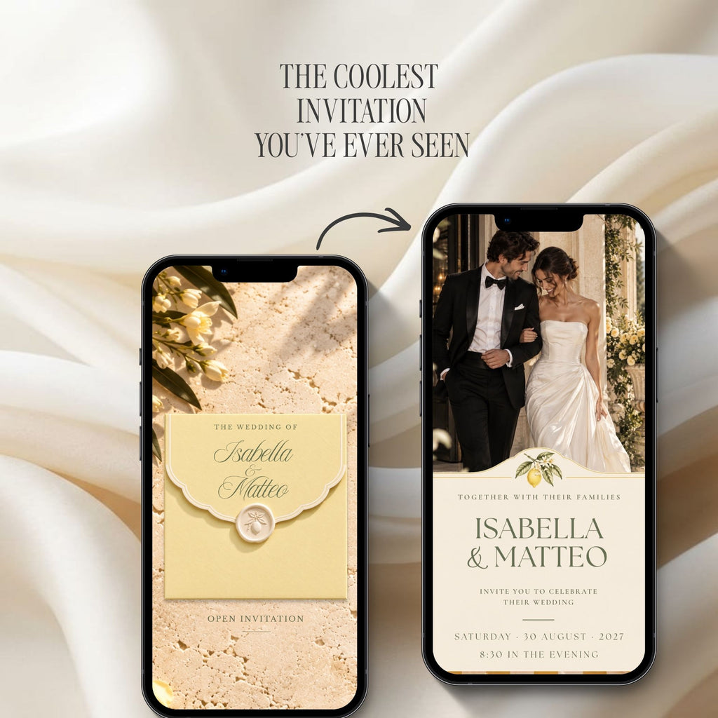 Lemon wedding invitation with interactive envelope opening, elegant ivory styling and Mediterranean botanical details.