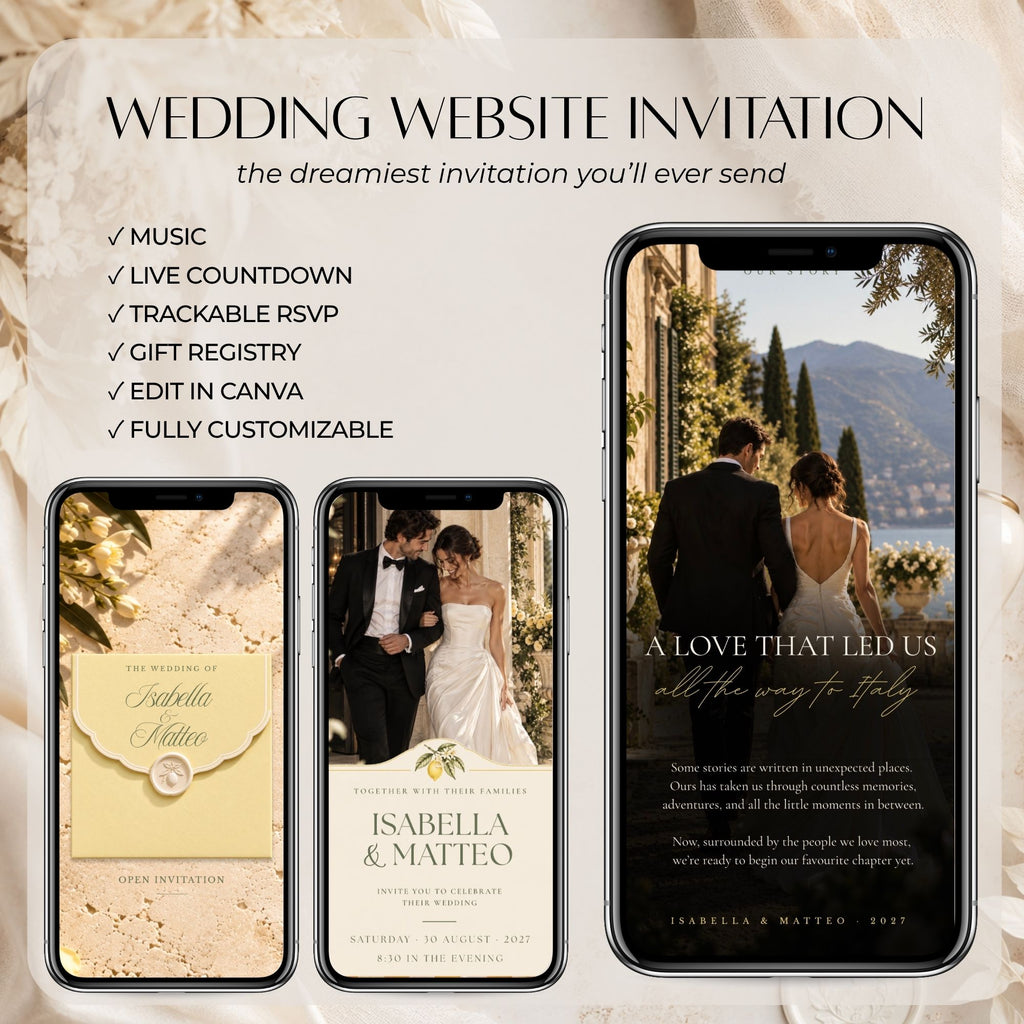Lemon wedding website template with music, live countdown, RSVP, gift registry and editable guest information.