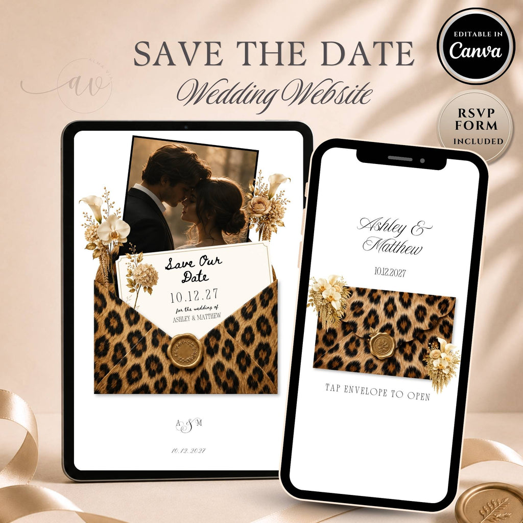 Leopard print save the date website template featuring an elegant wedding save the date website with RSVP.