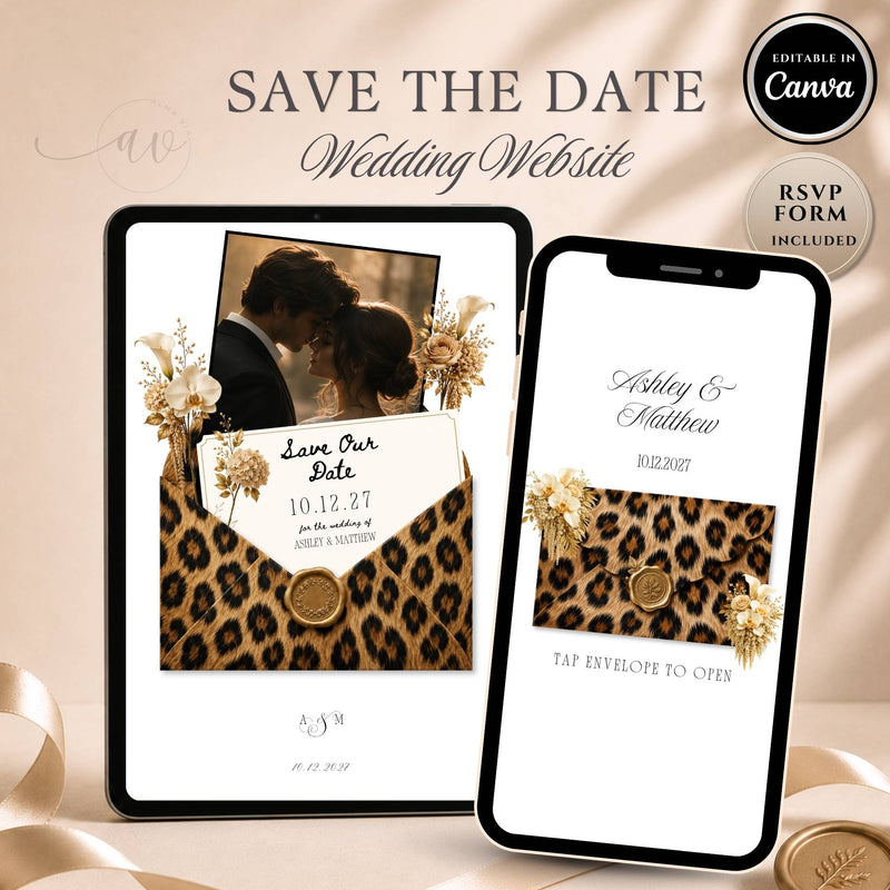Leopard print save the date website template featuring an elegant wedding save the date website with RSVP.