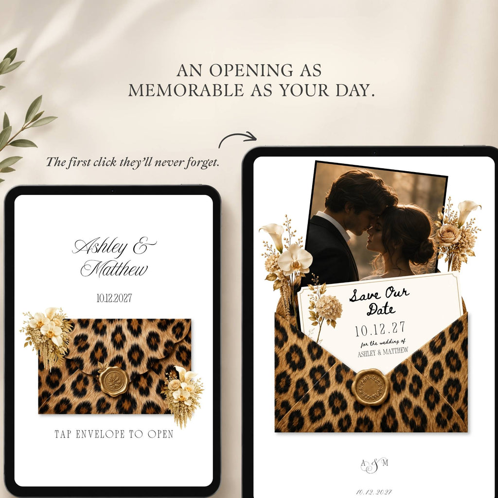 Overview of the leopard print save the date website template features and customization options.