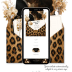 Mobile-friendly leopard print save the date website with simple navigation and RSVP access.