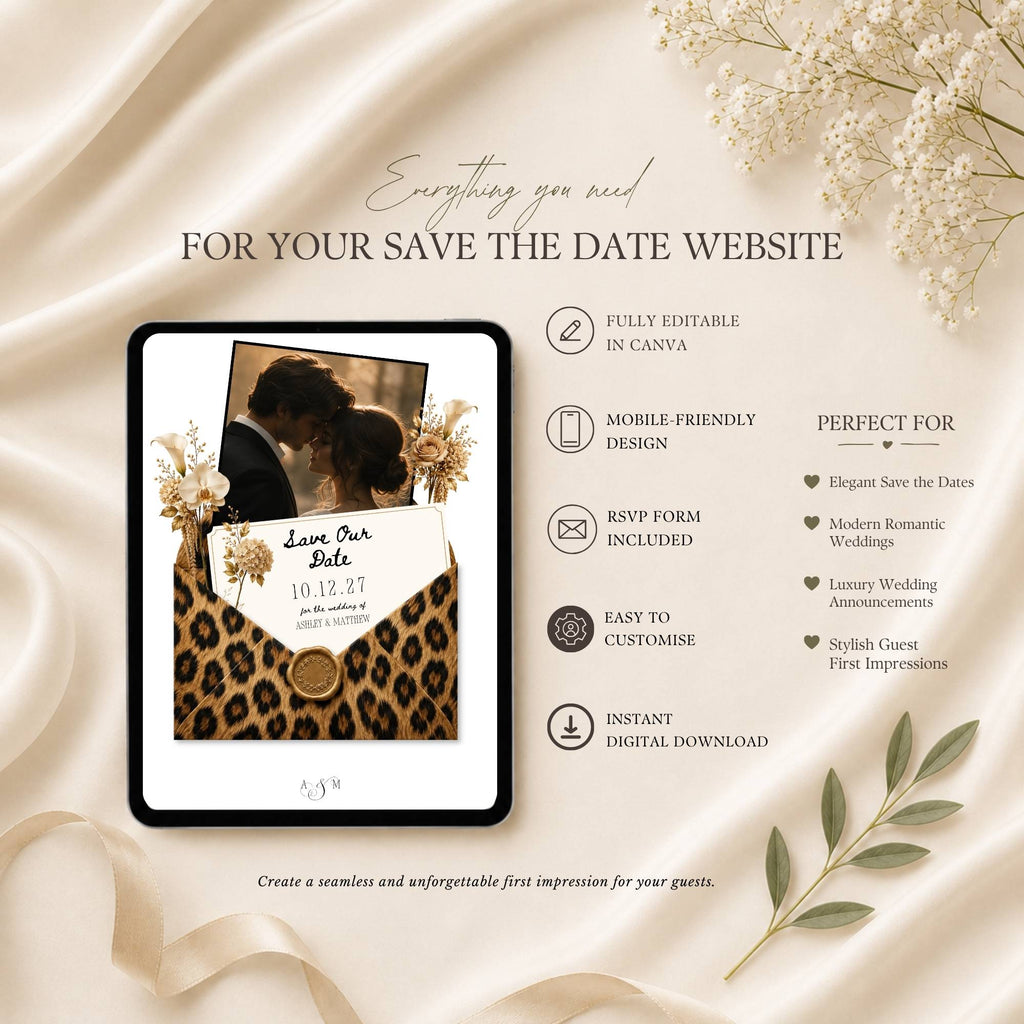 Save the date website template featuring event details, couple photos, RSVP form, and wedding information.