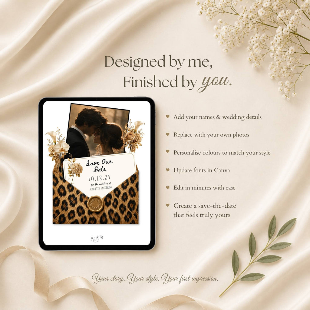 Editable Canva save the date website template with customizable colors, fonts, text, and photos.