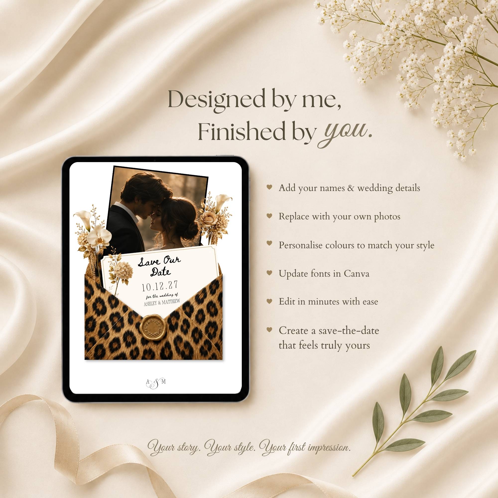 Editable Canva save the date website template with customizable colors, fonts, text, and photos.
