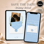 Light blue save the date website template featuring an elegant wedding announcement website with RSVP.