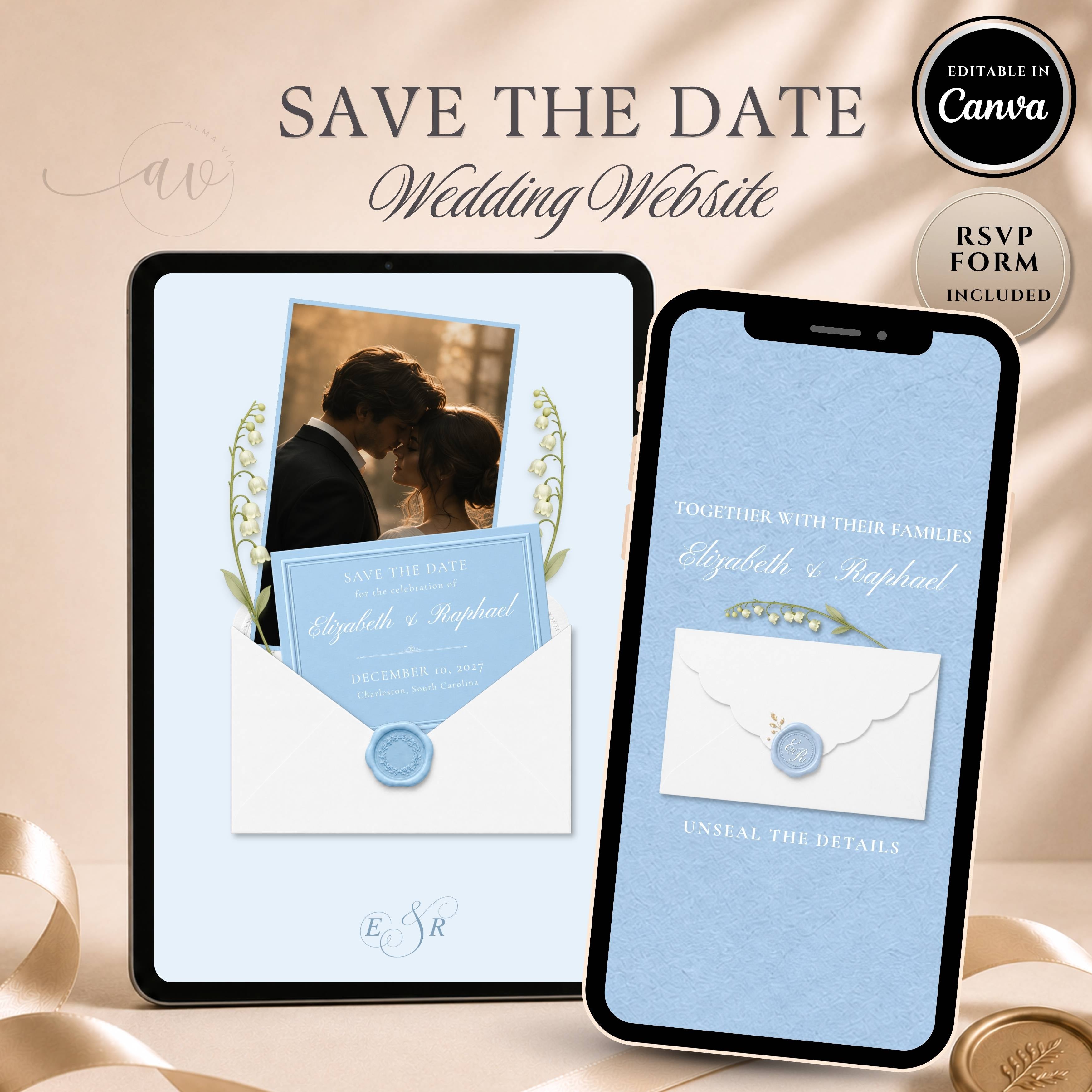 Light blue save the date website template featuring an elegant wedding announcement website with RSVP.